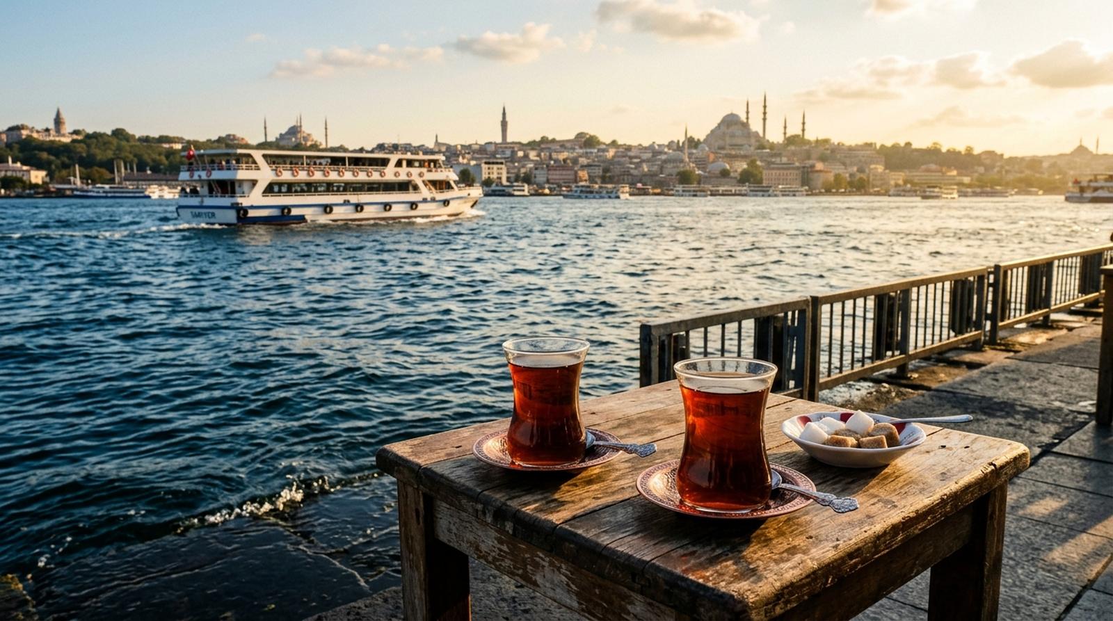 Glasses of Turkish tea on a waterfront table on the Asian side of the Bosphorus, ferries and the European skyline in the distance