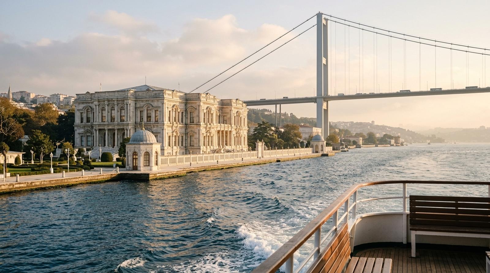Beylerbeyi Palace seen from a Bosphorus ferry, its white marble facade and bathing pavilions along the Asian shore below the Bosphorus Bridge
