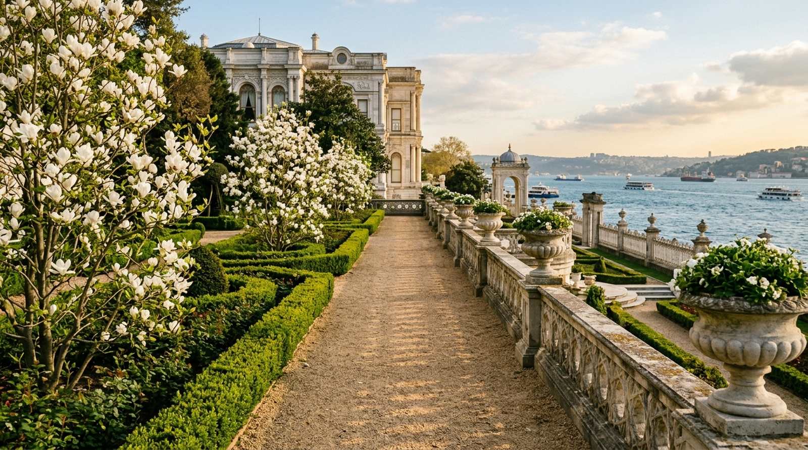 Terraced garden path at Beylerbeyi Palace lined with magnolia trees, leading toward the Bosphorus waterfront