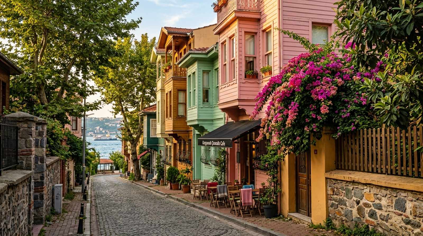 Colorful wooden houses and cafés on a leafy street in Kuzguncuk, the Asian-side village neighborhood near Beylerbeyi Palace